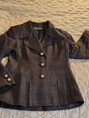 Women's Black Textured Blazer with Decorative Gold Buttons